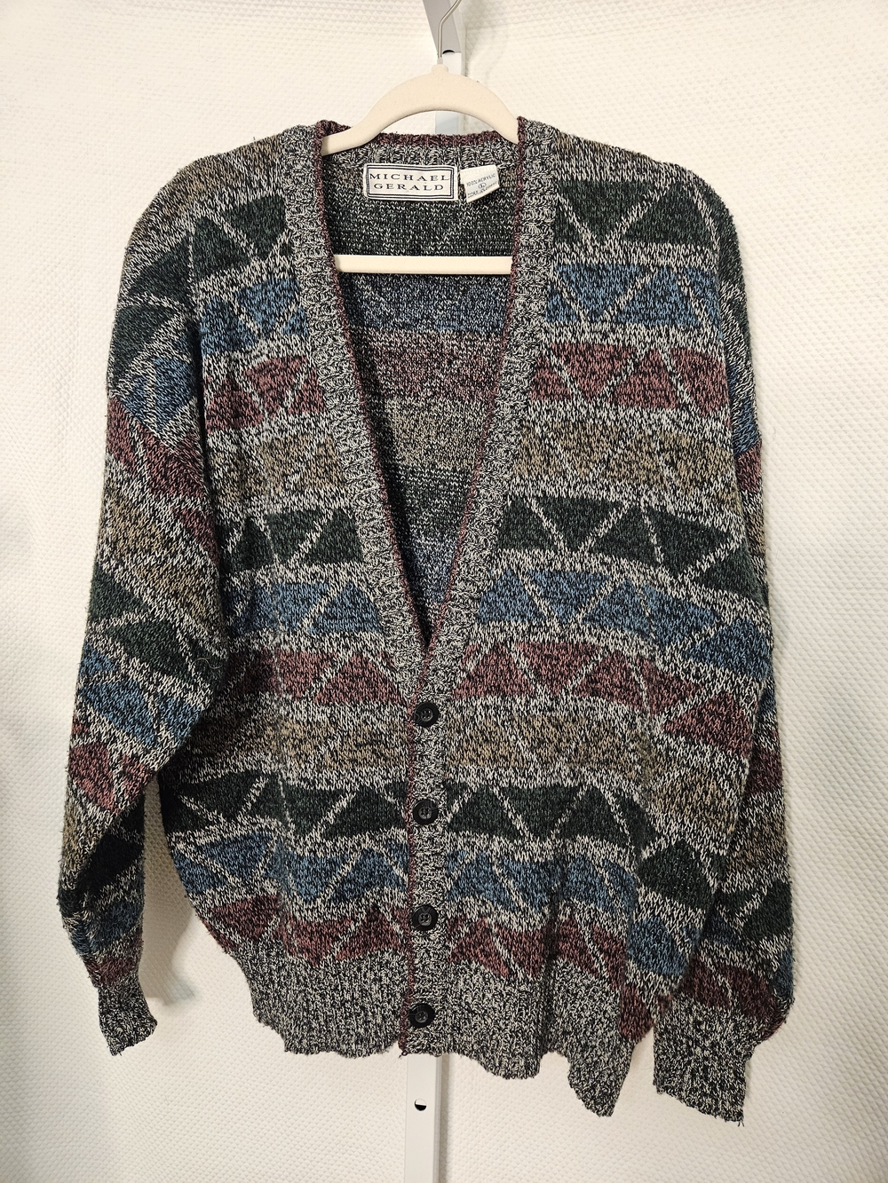Vintage 90s Michael Gerald Multicolor Geometric V-Neck Cardigan Sweater Size L